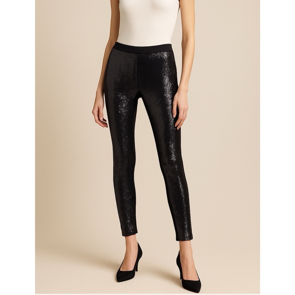 REISS 1971 Black Sequin Leggings Ponte Knit Back Side Zip Party Pants S Glam